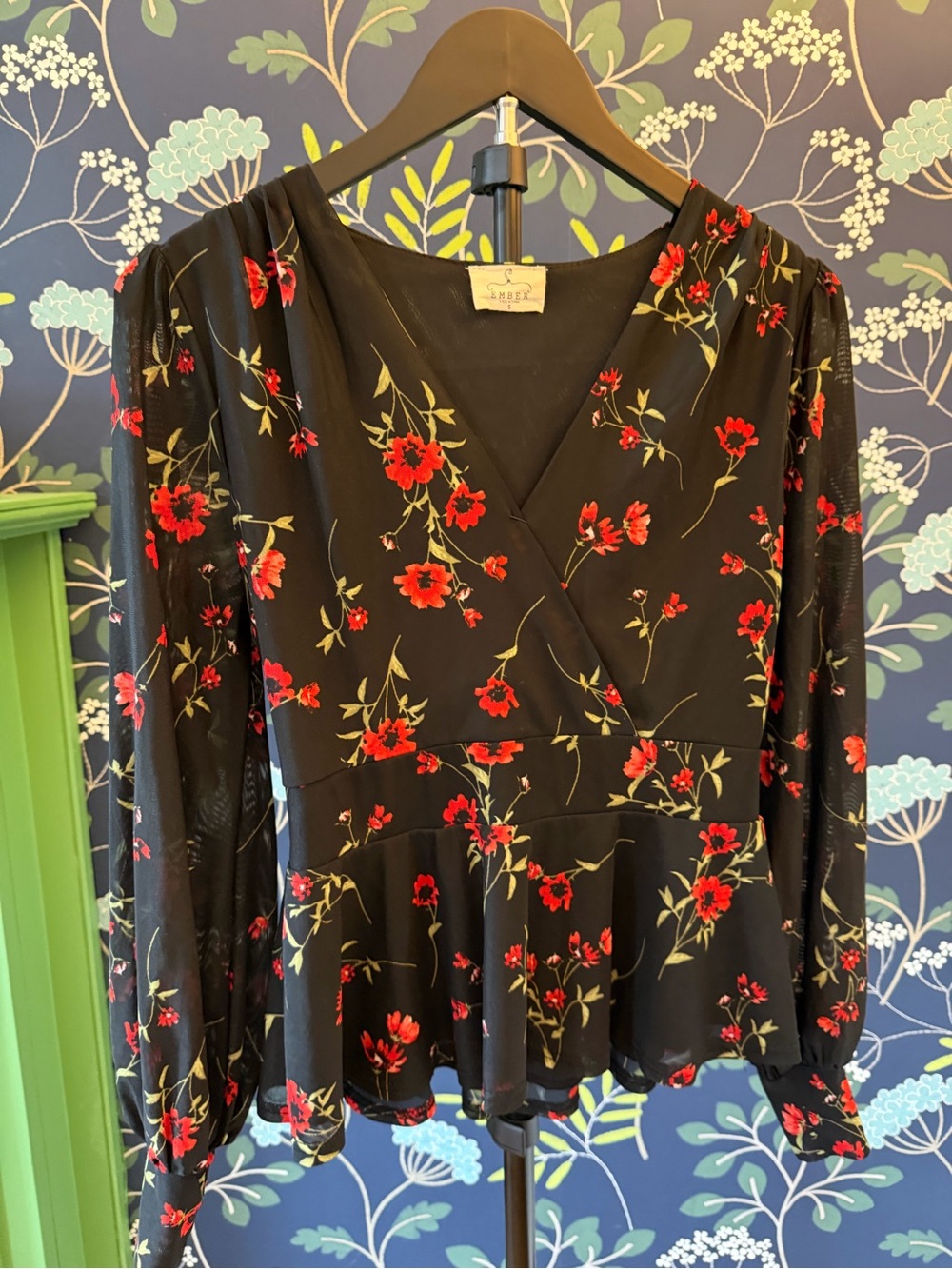 EMBER Floral Peplum Blouse Black Red Sheer Long Sleeve Wrap Top Size S